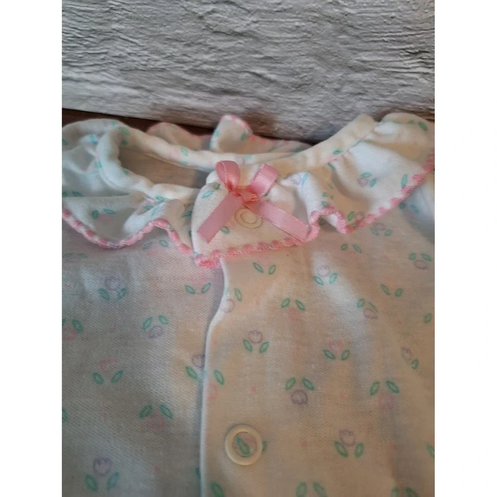 Baby Girls White Floral Footed Sleeper Ruffle Collar Pink Bows One Piece Pajamas